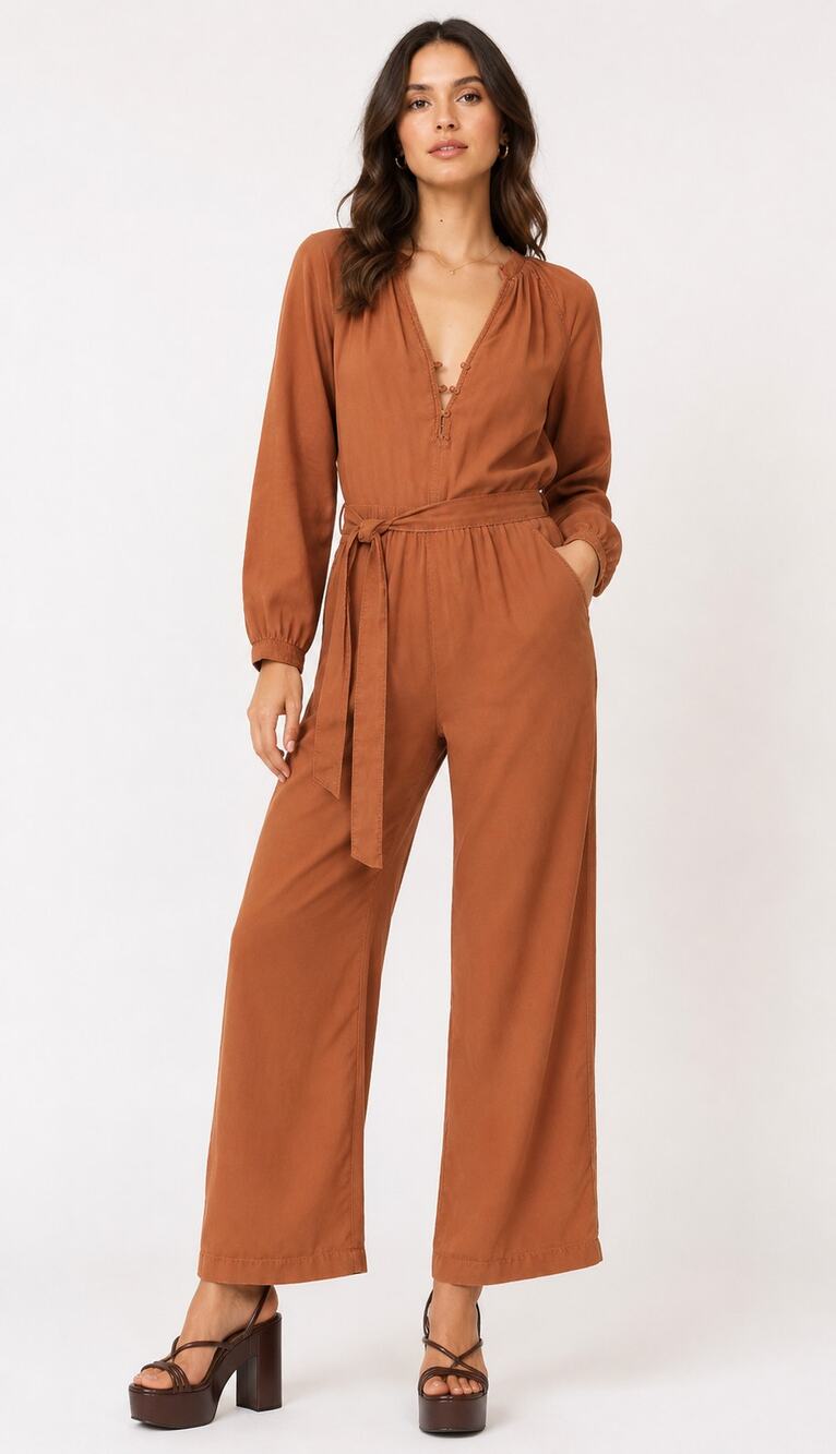 Bella Dahl Long Sleeve Button Front Raglan Jumpsuit Terracotta Womens Size Small